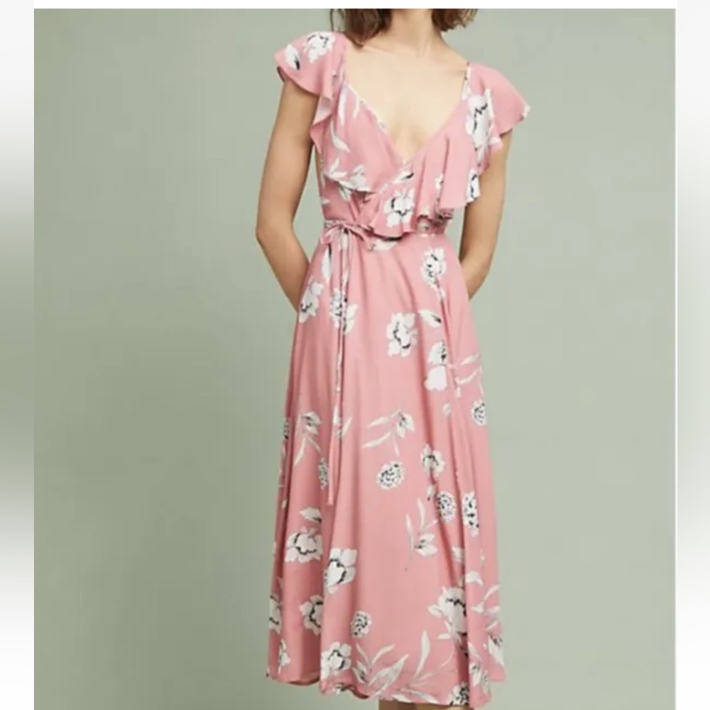Yumi Kim Anthropologie Pink Floral Darby Wrap Flutter Sleeve Dress Size S